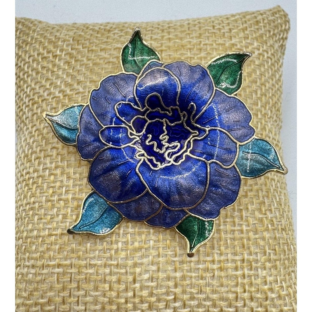 Vintage Gold Tone Enamel‎ Cloisonne Blue Hibiscus Flower Garden Brooch Pin